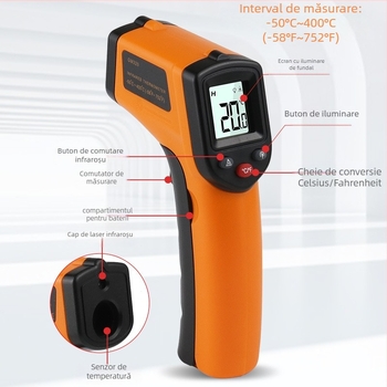 Termometru infraroșu, portabil, pentru uz industrial și bucătărie, intervalul -50 °C până la 400 °C