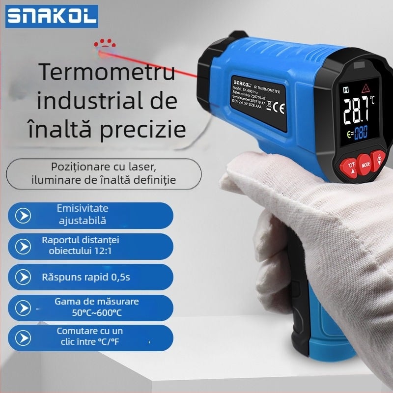 Pistol infraroșu industrial pentru măsurarea temperaturii — timp de reacție 1 ms, alimentare cu 2 baterii AAA