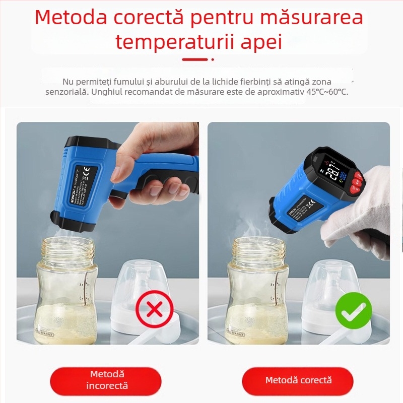 Pistol infraroșu industrial pentru măsurarea temperaturii — timp de reacție 1 ms, alimentare cu 2 baterii AAA