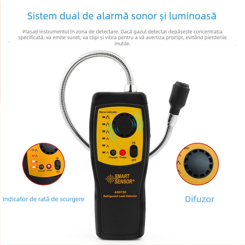 Detector de gaze halogene AS5750L pentru climatizarea auto și scurgeri de freon; măsurare până la 5 oz/yr; precizie 0.5 oz/yr; alimentare cu 3 baterii AA