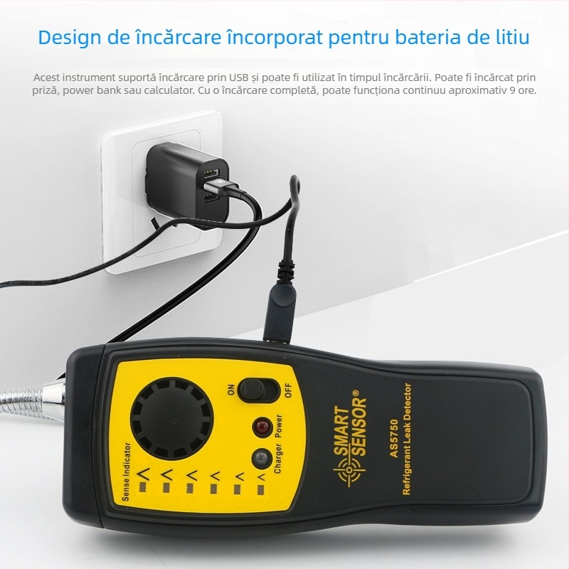 Detector de gaze halogene AS5750L pentru climatizarea auto și scurgeri de freon; măsurare până la 5 oz/yr; precizie 0.5 oz/yr; alimentare cu 3 baterii AA
