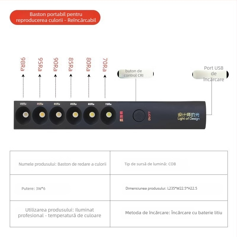 Măsurător de temperatură a culorii portabil, cu LED, CRI ≥95, tensiune ≤36V, întrerupător cu buton, carcasă din plastic