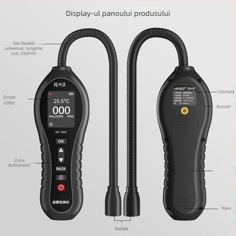 Detectoare de scurgeri refrigerant pentru aer condiționat NF-604 – interval 0-1000 ppm, precizie 1 ppm, detectează HCFC-uri (R22/R32/R123/R124/R141b/R142b/R402a/R4); alimentare cu baterii AAA 4×