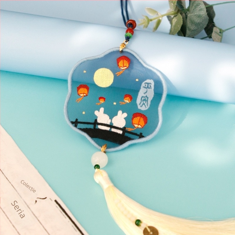 Kit DIY de broderie cu cruci pentru pandant auto — pânză de in, stil nou chinezesc, serie Vânt Chinezesc, potrivit începătorilor, cadou pentru prieten