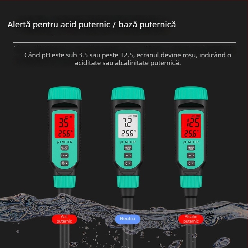 PH818T – pH metru portabil de la Hima – afișaj digital, sondă ascuțită, interval pH 0.0–14.0, precizie ±0.1 pH, compensare de temperatură 0–70°C, alimentare 1.5V
