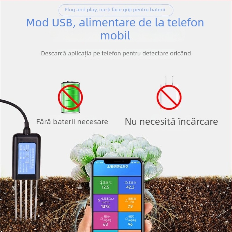 Analizator de sol USB pentru smartphone, conector cu 5 pini – măsoară EC, azot, fosfor, potasiu și pH