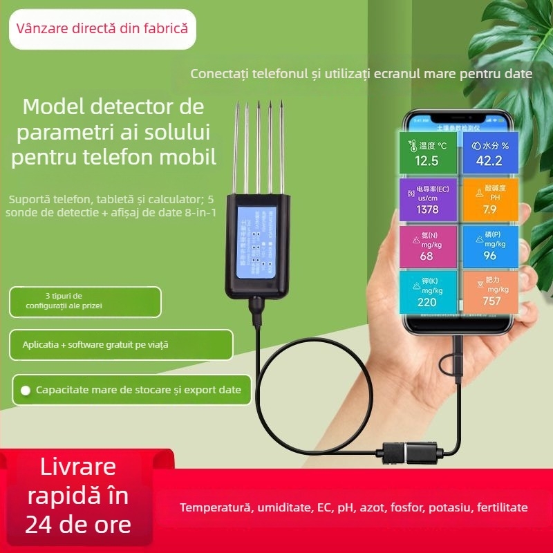 Analizator de sol USB pentru smartphone, conector cu 5 pini – măsoară EC, azot, fosfor, potasiu și pH
