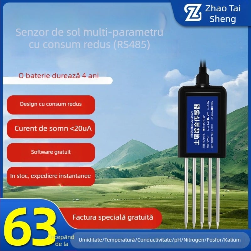 Test de sol multiparametric pentru umiditate, temperatură și pH — model Zts-3000sl-tr-*, sondă din oțel inoxidabil 361, IP68, greutate 300 g