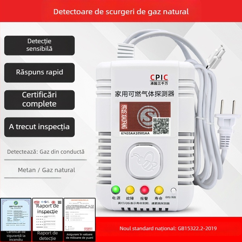 Detector de alarmă pentru gaze cu rază de 360°, metan/propan, 220V, modelul 310