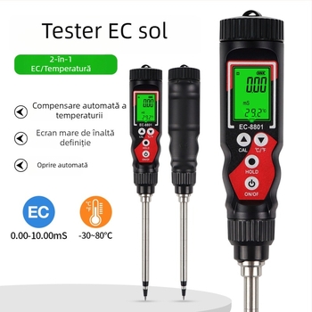 Test EC pentru sol, aparat 2 în 1 pentru conductivitate și temperatură, afișaj digital de înaltă precizie pentru hidroponie în seră