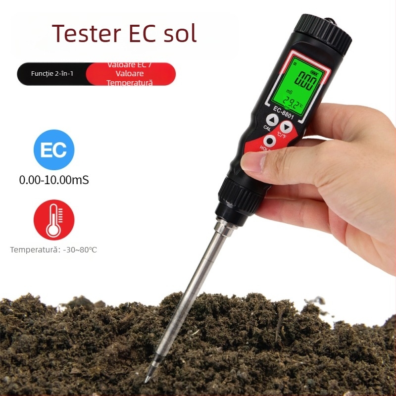 Test EC pentru sol, aparat 2 în 1 pentru conductivitate și temperatură, afișaj digital de înaltă precizie pentru hidroponie în seră