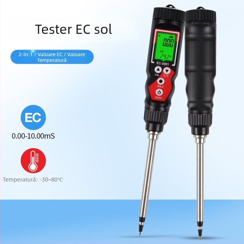 Test EC pentru sol, aparat 2 în 1 pentru conductivitate și temperatură, afișaj digital de înaltă precizie pentru hidroponie în seră