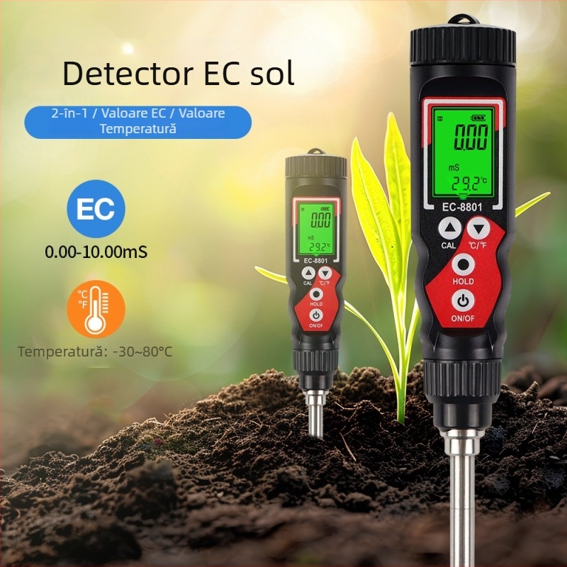 Test EC pentru sol, aparat 2 în 1 pentru conductivitate și temperatură, afișaj digital de înaltă precizie pentru hidroponie în seră