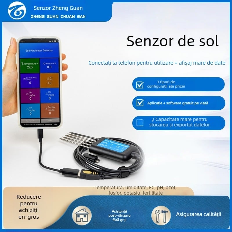 Senzor pentru monitorizarea solului USB 8 în 1: EC, temperatura, umiditate a solului, pH și NPK