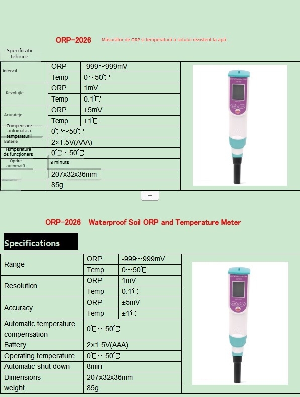 Tester impermeabil ORP și temperatură a solului – 2 în 1, ORP-2026, interval -999 până la 999 mV, rezoluție 1 mV, precizie ±5 mV, alimentare 1,5 V