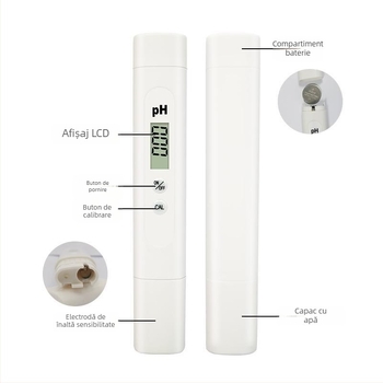 Senzor pH portabil cu sondă din sticlă, interval 0–14 pH, precizie 0,01, compensare de temperatură 0–60 °C