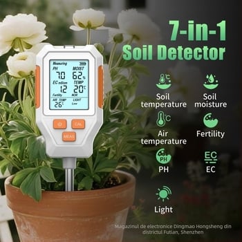 Tester de sol 7 în 1: pH ±0,5, Umiditate ±10%, EC, Lumină, Fertilitate