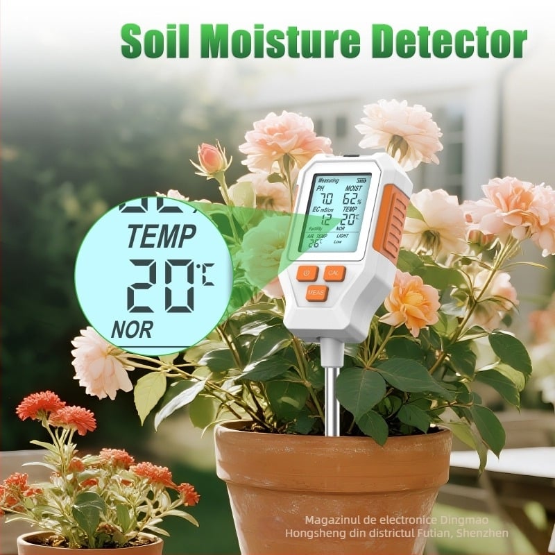Tester de sol 7 în 1: pH ±0,5, Umiditate ±10%, EC, Lumină, Fertilitate