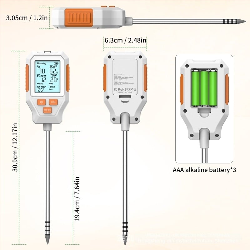 Tester de sol 7 în 1: pH ±0,5, Umiditate ±10%, EC, Lumină, Fertilitate
