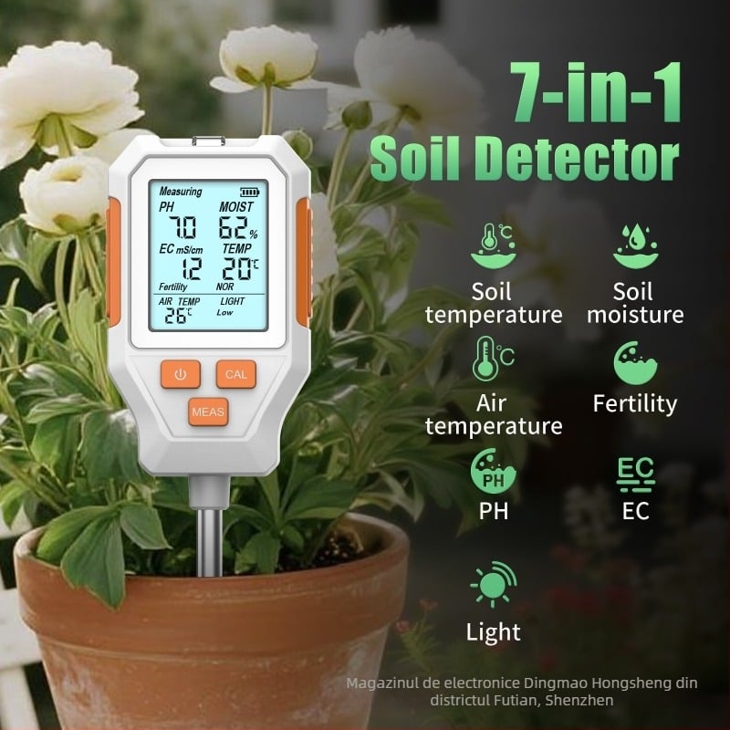Tester de sol 7 în 1: pH ±0,5, Umiditate ±10%, EC, Lumină, Fertilitate