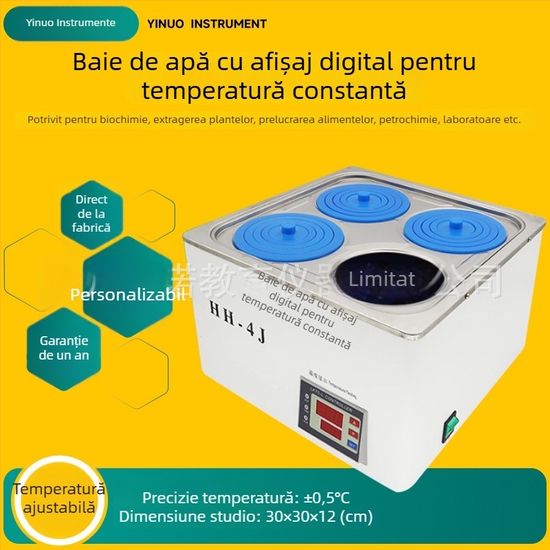 Baie de apă de laborator cu control digital al temperaturii - rezervor din oțel inoxidabil, Model Hh-4j, Intervalul de temperatură de la temperatura ambientală până la 99,9°C, Precizie ±0,5°C