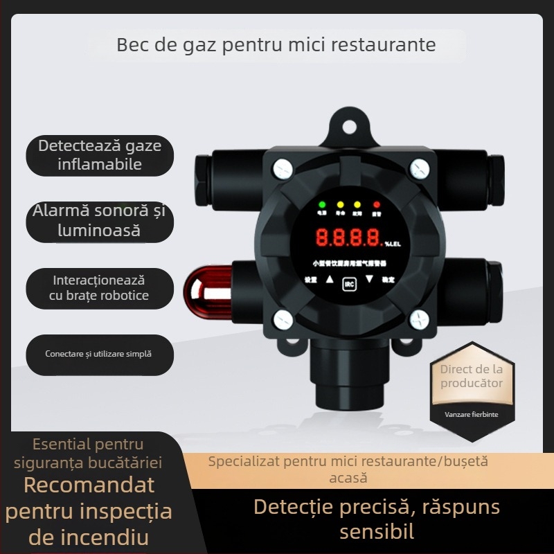 Detector fix pentru gaze inflamabile, model Puliton Plt218, pentru bucătării mici și catering, interval de măsură 0–100% LEL, precizie ±3% LEL, alimentare AC 220V