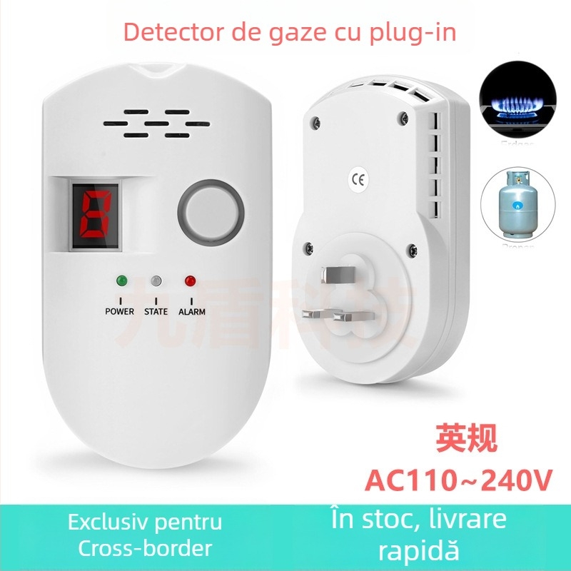 Detector de scurgeri de gaz, detectare la 360°, 110-240V, montaj pe perete, rază de 20 m², alarmă continuă