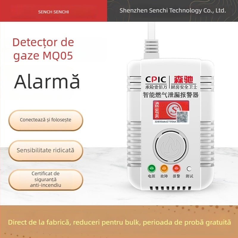 Detector de scurgeri de gaz pentru casă, model SC-MQ05, montare pe perete, AC 220V, detecție la 360°, comunicare prin cablu