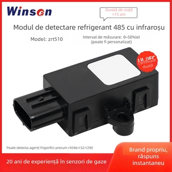 Senzor cu infraroșu pentru scurgeri de refrigerant pentru aparate de aer condiționat — Model ZRT510; Gaz detectabil: R454b (opțional R32/R290); Precizie ±2,5% lfl; Ieșire RS485 (UART/PWM opțional); Temperatura de funcționare 80°C.