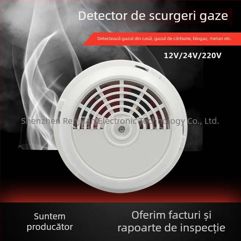 Detector de gaz cu alarmă, 12V, montat pe tavan, 360°, pentru gaze, gaz natural și LPG, alarmă cu sunet și lumină