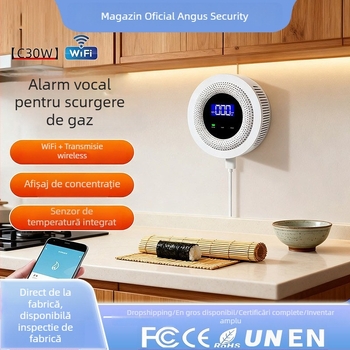 Alarmă WiFi pentru monoxid de carbon și gaze, detecție 360°, alimentare 5V, comunicație wireless 433MHz, montaj pe perete cu alerte prin aplicație