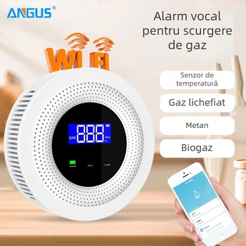 Alarmă WiFi pentru monoxid de carbon și gaze, detecție 360°, alimentare 5V, comunicație wireless 433MHz, montaj pe perete cu alerte prin aplicație
