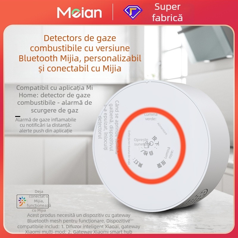 Detector de gaz Meian GA01 cu Bluetooth, detecție 360°, acoperire 30 m², montaj pe perete, 2.4 GHz wireless, 90-240 V