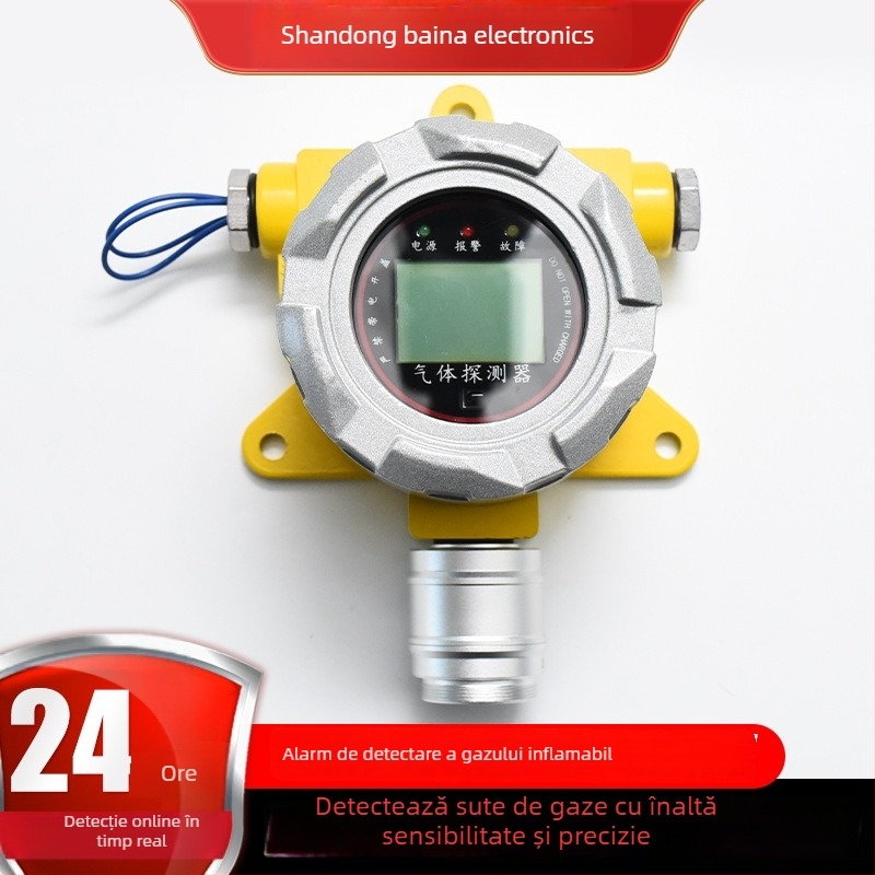 Detector fix pentru gaze inflamabile – măsurare: gaze inflamabile; interval 10–95% umiditate relativă; precizie ±3% FS; tensiune 12–36 VDC