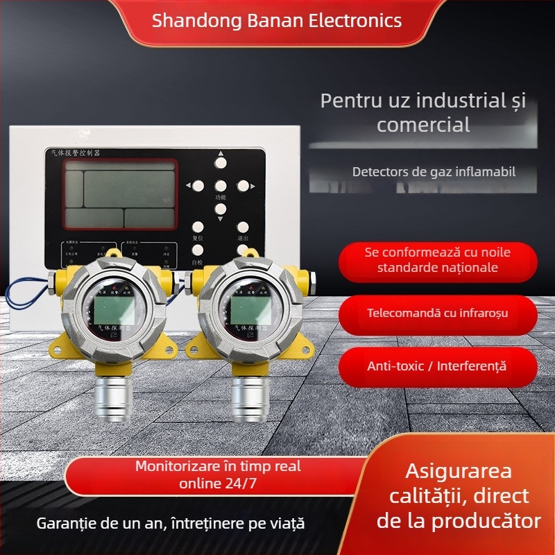 Detector fix pentru gaze inflamabile – măsurare: gaze inflamabile; interval 10–95% umiditate relativă; precizie ±3% FS; tensiune 12–36 VDC