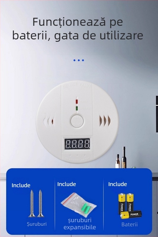 Detector 3 în 1 CO, incendiu şi gaz cu afișaj LCD – model DY-830; alimentare: baterii 3×9V sau DC12V; detecție 360° până la 5 m; wireless cu alarmă sonoră şi luminoasă