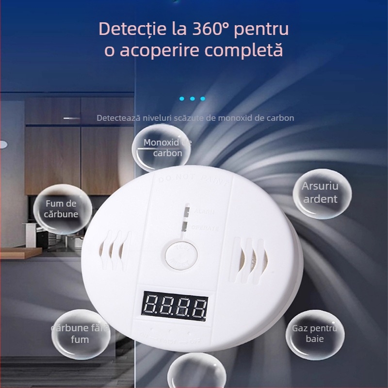 Detector 3 în 1 CO, incendiu şi gaz cu afișaj LCD – model DY-830; alimentare: baterii 3×9V sau DC12V; detecție 360° până la 5 m; wireless cu alarmă sonoră şi luminoasă
