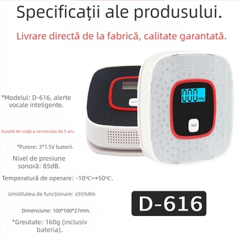 Alarmă de monoxid de carbon pentru casă, detector CO wireless, model D-616, detecție de 180°, avertizare vocală și luminoasă, montaj pe perete