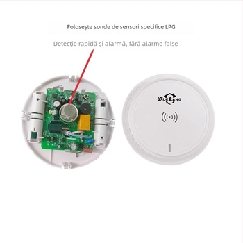 Alarmă de gaz XL-202 pentru gaze naturale și LPG, detecție la 360°, montaj pe tavan, cablare, alimentare 12VDC–220VAC, alarmă sonoră și luminoasă