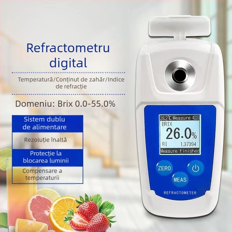 Refractometru portabil 0-55, afișaj LCD digital, măsurare conținut zahăr pentru fructe și alimente, precizie înaltă