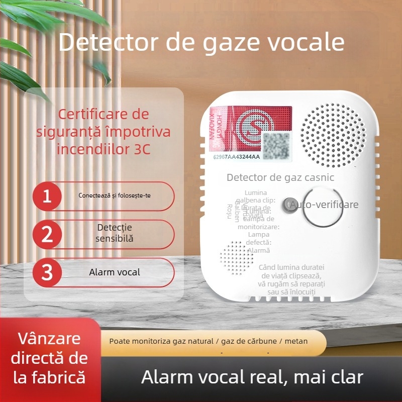 Alarmă de gaze pentru casă cu detecție CO/metan, tip fix, acoperire 20 m², precizie 8%, 220V