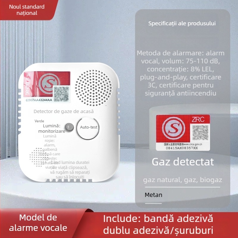 Alarmă de gaze pentru casă cu detecție CO/metan, tip fix, acoperire 20 m², precizie 8%, 220V