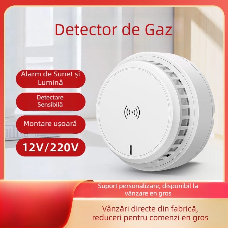 Detector de alarmă pentru gaze pentru uz casnic, montat pe tavan, conectat în rețea, 12V, detecție 360°, rază 20–30 m, avertizare sonoră și luminoasă, HC-202