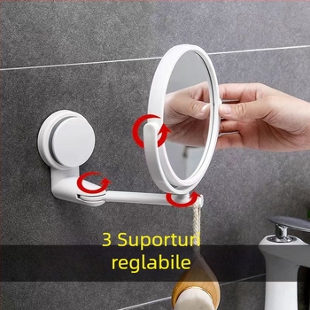 Oglindă pentru machiaj, montată pe perete, fără găuri, pliabilă, ramă ABS, oglindă argintie