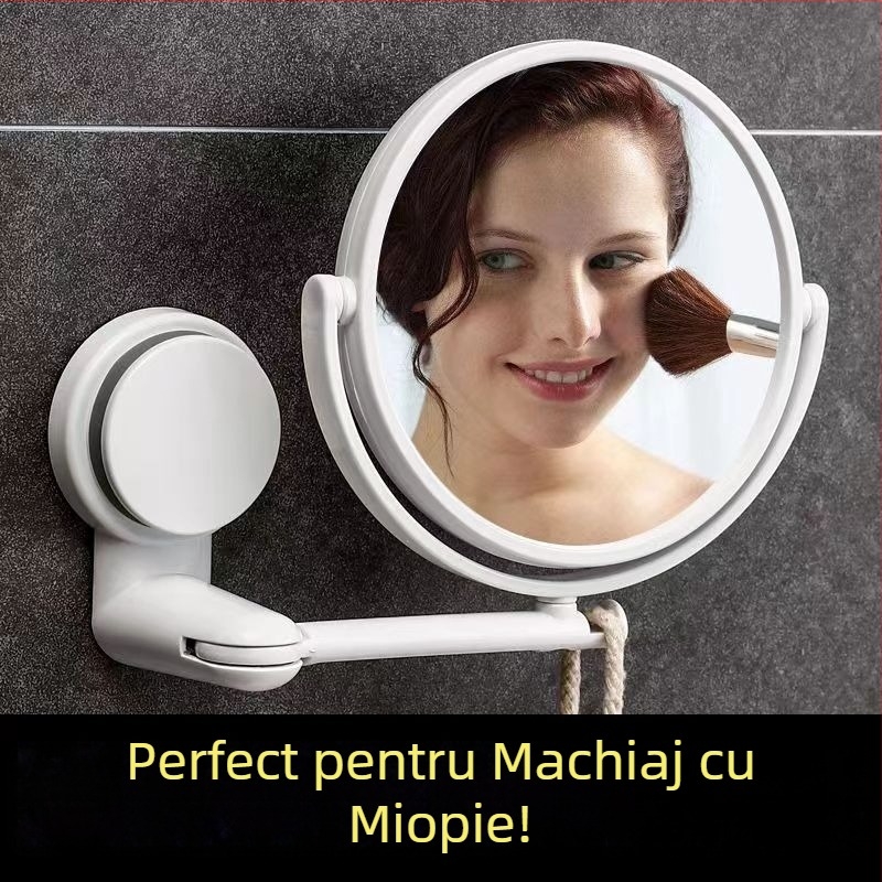 Oglindă pentru machiaj, montată pe perete, fără găuri, pliabilă, ramă ABS, oglindă argintie