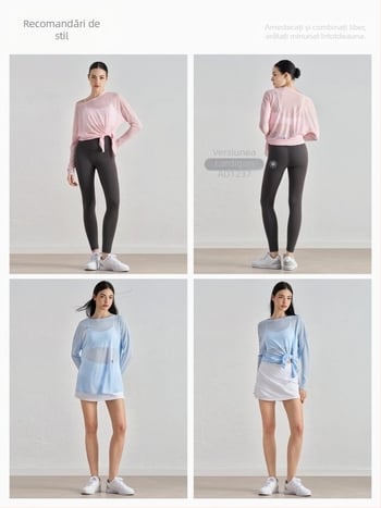 Top de acoperire pentru yoga pentru femei, mâneci lungi, croială lejeră, material din fir slub, ușor, 100% poliester, despicare la tiv