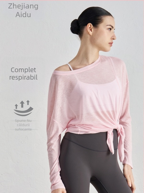 Top de acoperire pentru yoga pentru femei, mâneci lungi, croială lejeră, material din fir slub, ușor, 100% poliester, despicare la tiv