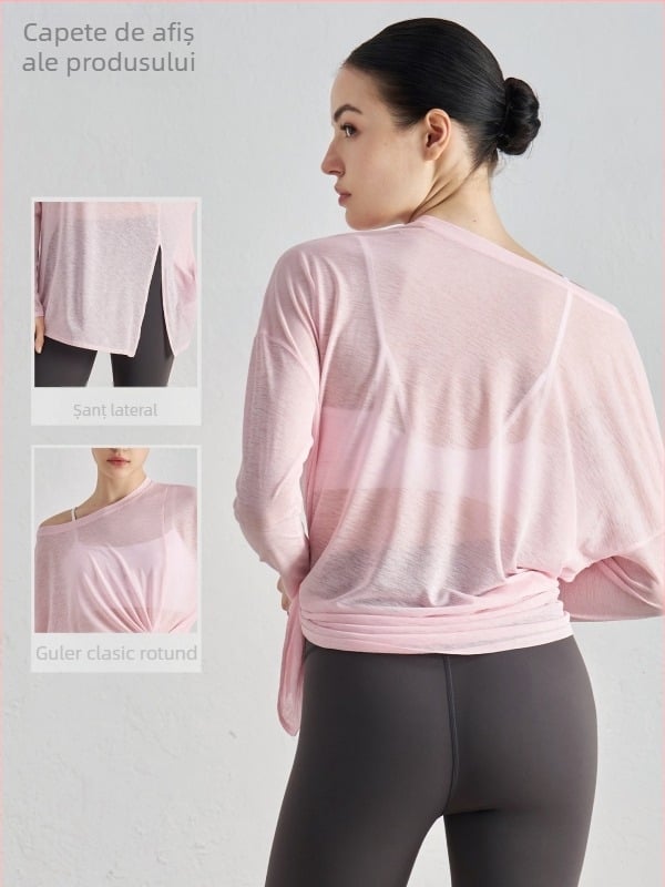 Top de acoperire pentru yoga pentru femei, mâneci lungi, croială lejeră, material din fir slub, ușor, 100% poliester, despicare la tiv