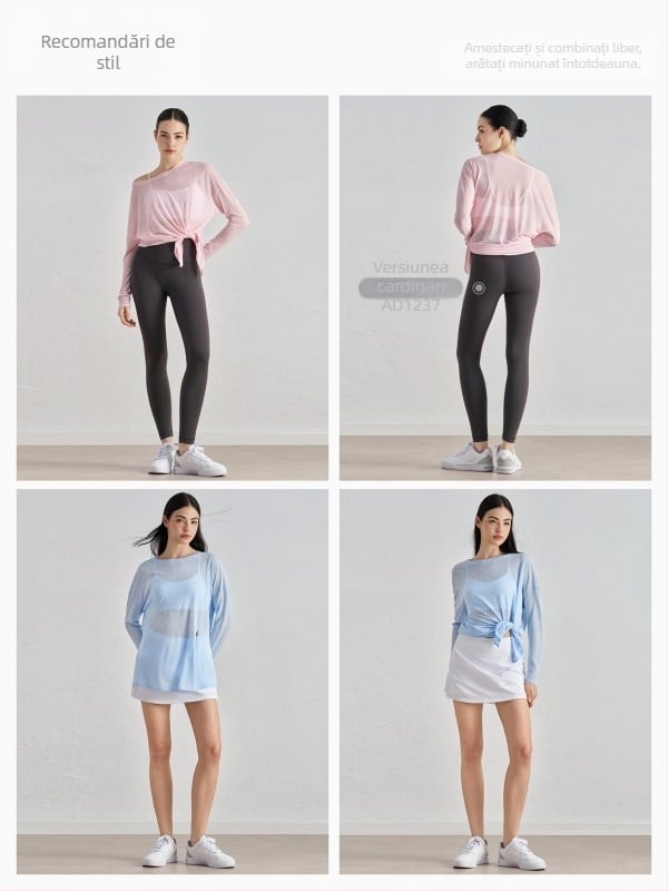 Top de acoperire pentru yoga pentru femei, mâneci lungi, croială lejeră, material din fir slub, ușor, 100% poliester, despicare la tiv