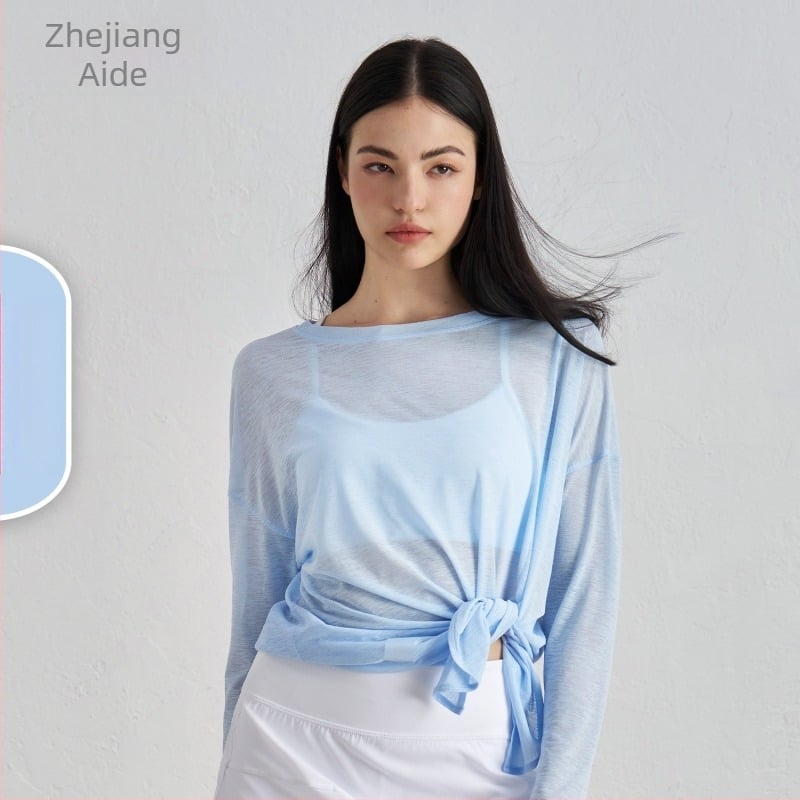 Top de acoperire pentru yoga pentru femei, mâneci lungi, croială lejeră, material din fir slub, ușor, 100% poliester, despicare la tiv